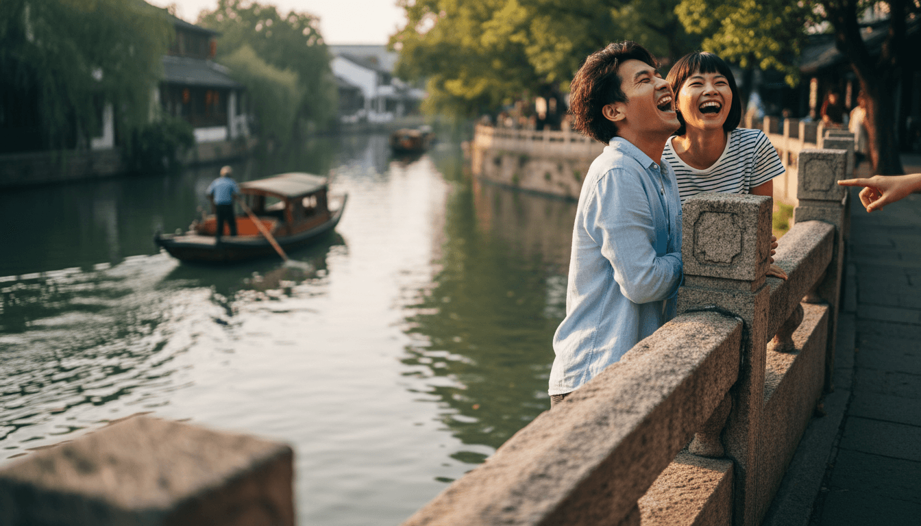 Two visitors laughing on Zhujiajiao water town bridge