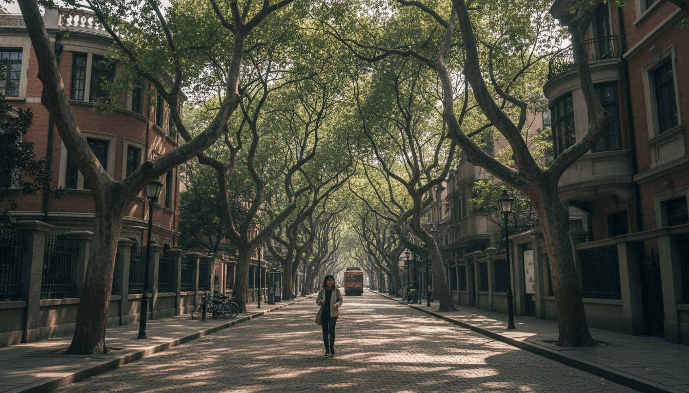 Person walking under shade of tall trees on a quiet Shanghai street lined with historic buildings, warm sunlight filtering through leaves