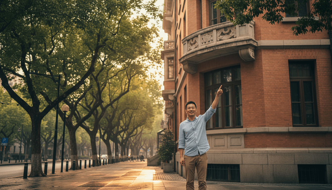 Local guide in front of Wukang Building showing architectural detail