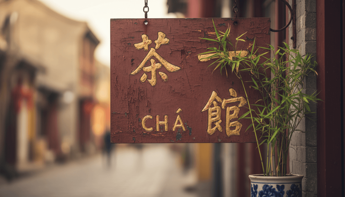 Close up of hand-painted wooden shop sign in old Shanghai lane