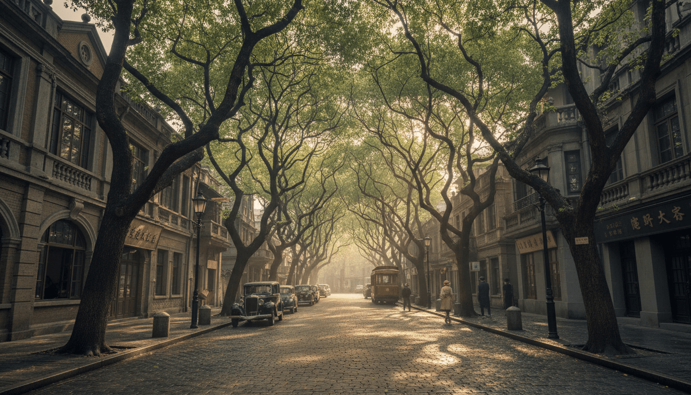 Old Shanghai street with plane trees and historic buildings