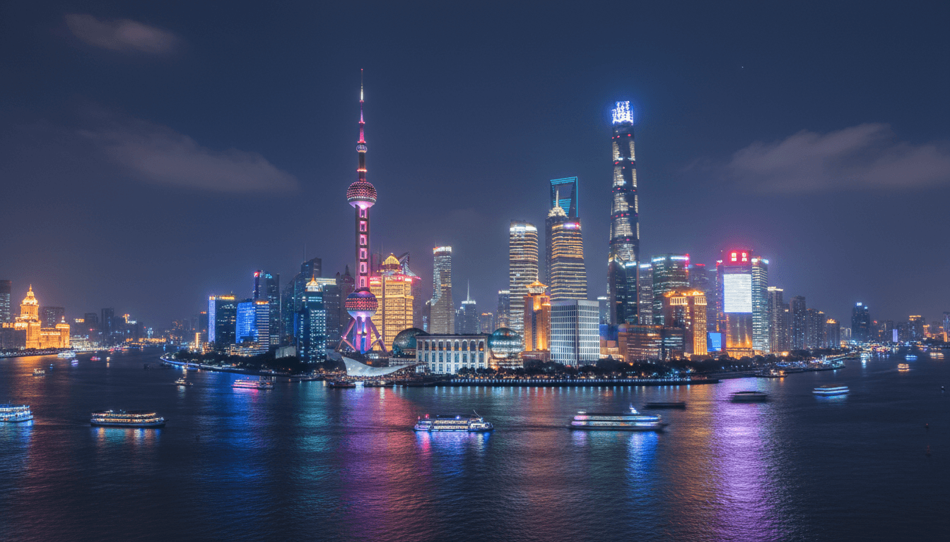 Shanghai skyline at night with illuminated skyscrapers and river