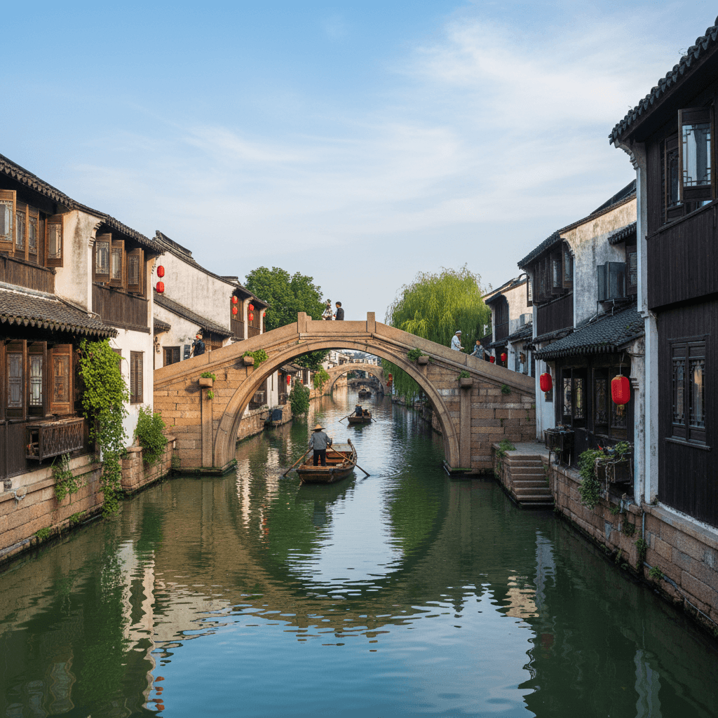 Zhujiajiao canal with stone bridge and old buildings