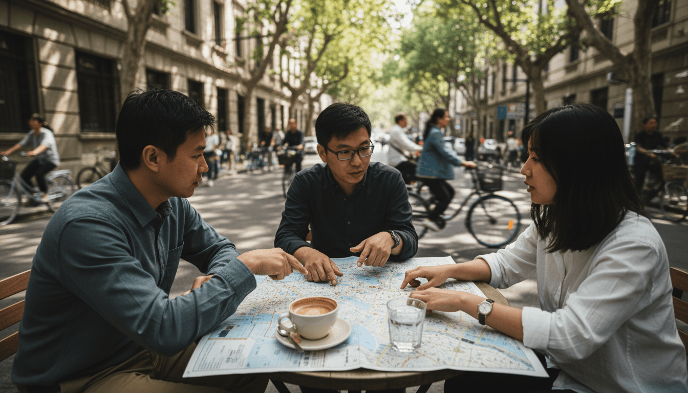Guide and guests planning route at sidewalk cafe on Anfu Road