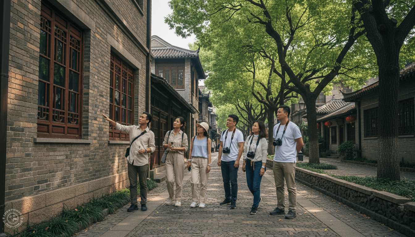 Tour group walking through a tree-lined alley in Shanghai's Wutong district