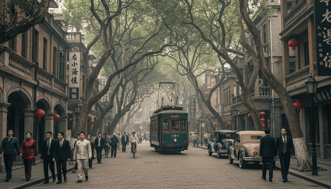 Tree-lined Wutong street with old Shanghai buildings and pedestrians