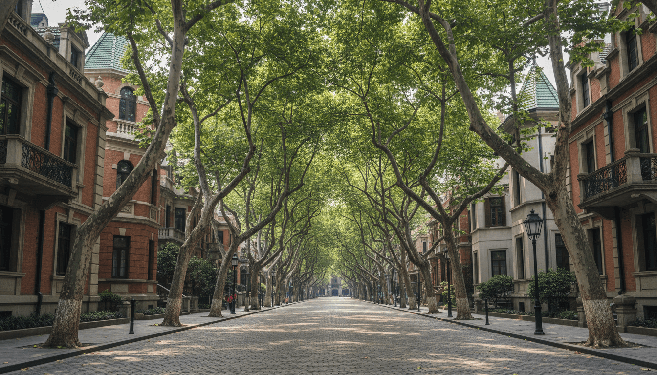 Shady lane in the Wukang Road area with old buildings and dappled light