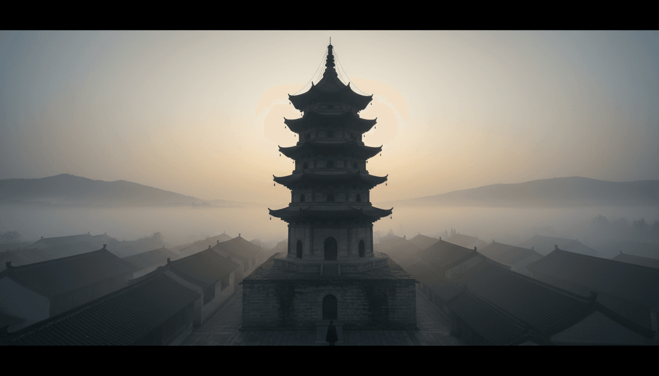 Songjiang Square Pagoda in morning mist with figure at base