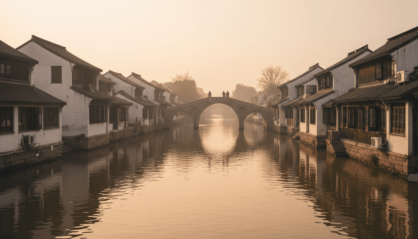 Zhujiajiao water town canal with stone bridge at golden hour